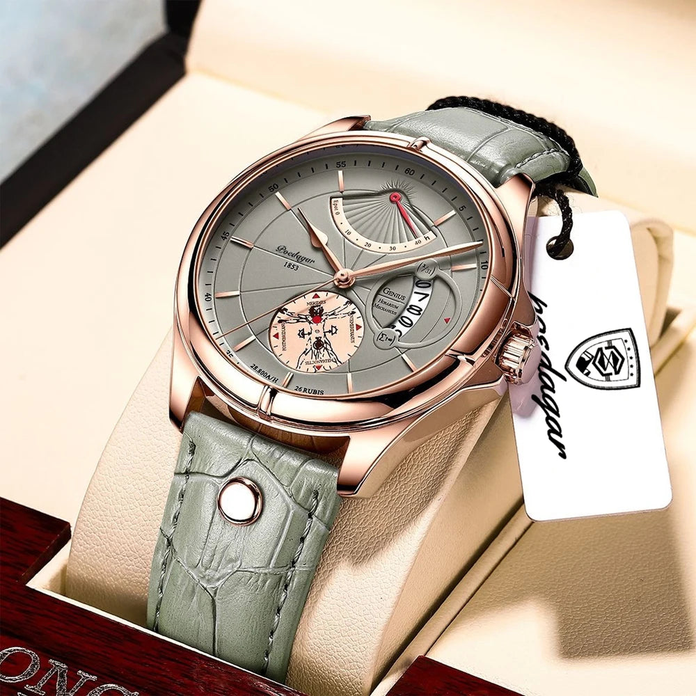 POEDAGAR Waterproof Calendar Quartz Leather Men's Watch