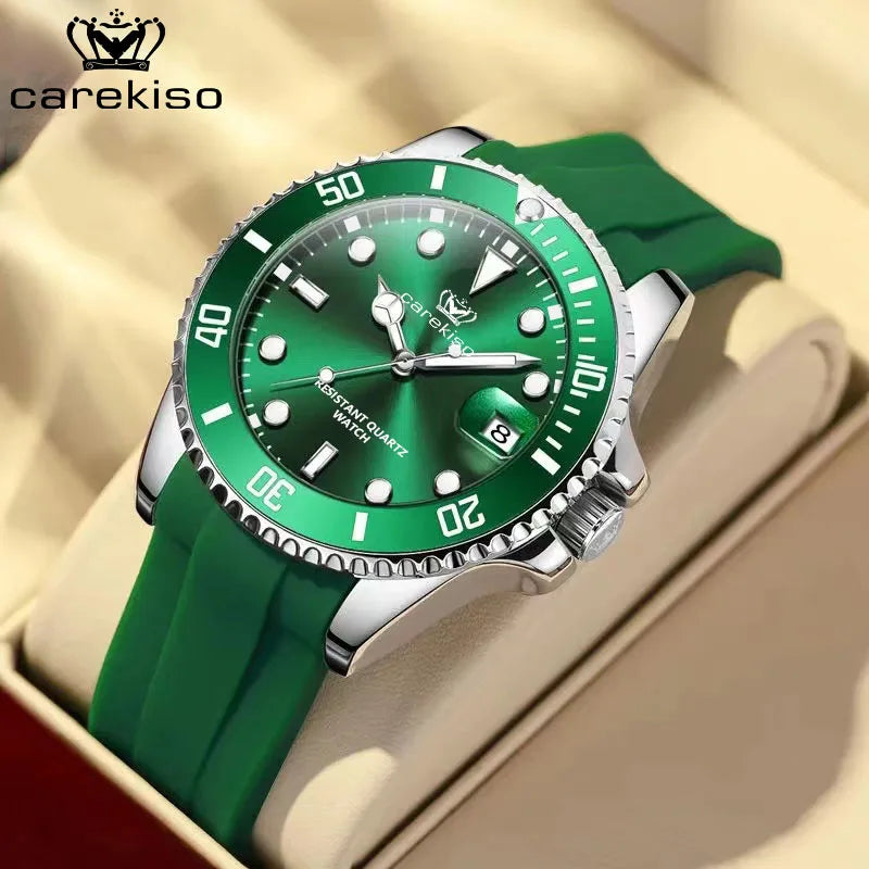 POEDAGAR Top Brand Luxury Fashion Silicone Strap Green Dial Diver Watch Men Waterproof Date Quartz Clock Sport Mens Watches Gift