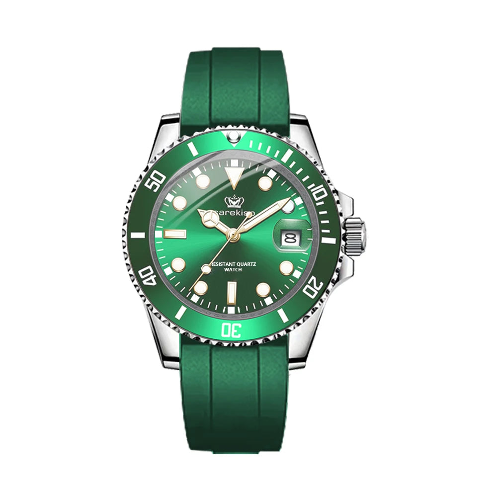 POEDAGAR Top Brand Luxury Fashion Silicone Strap Green Dial Diver Watch Men Waterproof Date Quartz Clock Sport Mens Watches Gift