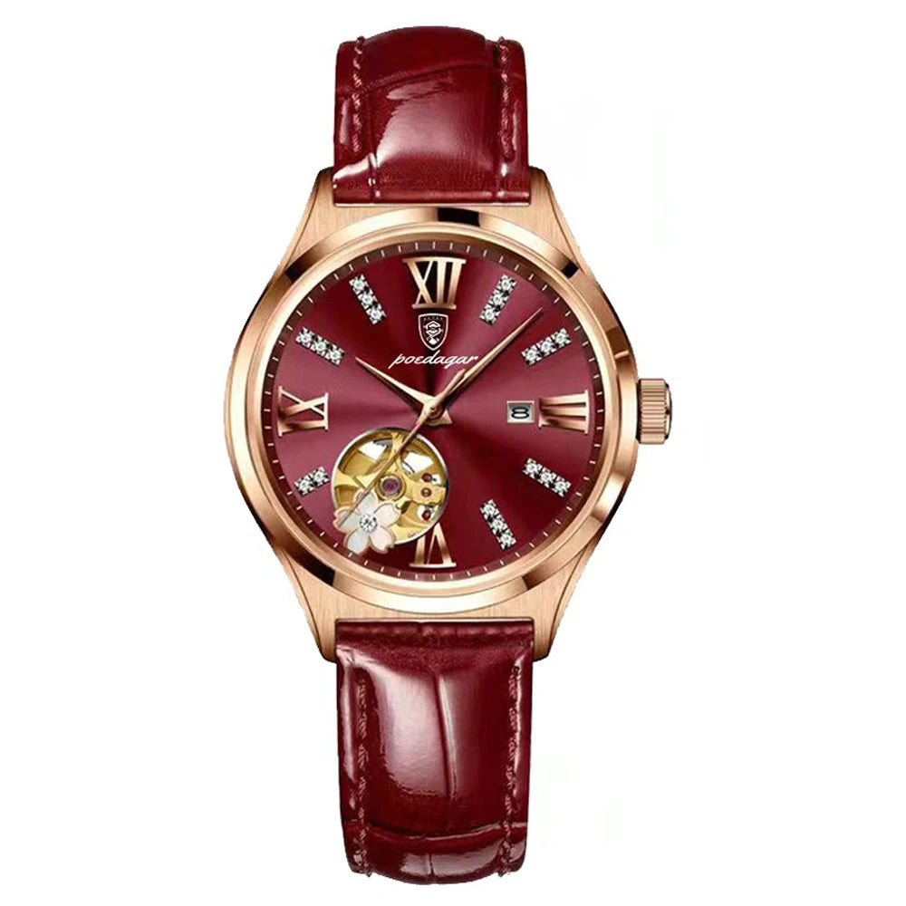 POEDAGAR Watch Women Diamond Waterproof Luminous Ladies Leather Watches Fashion Hollow Top Luxury Rose Gold Quartz Wristwatch