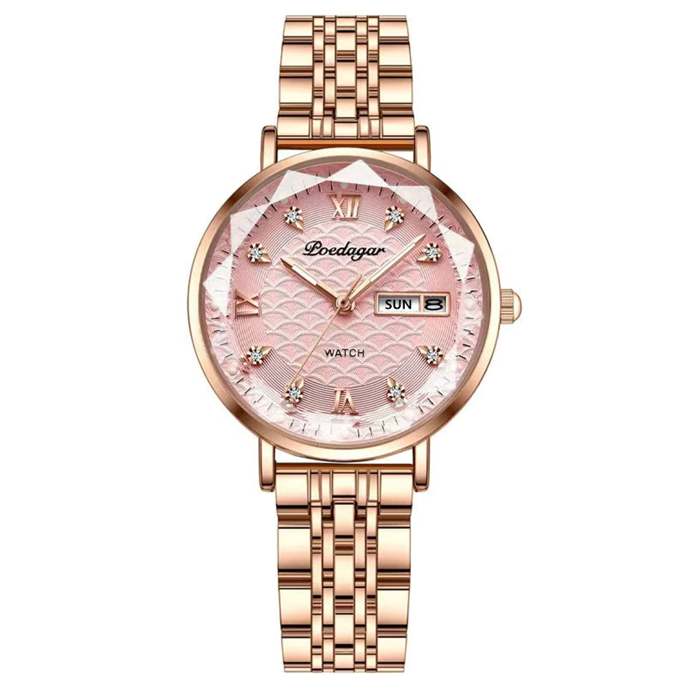 POEDAGAR Watch Women New Fashion Luxury Stainless Steel Wristwatch Bracelet Simple Rose Gold Waterproof Luminous Ladies Watches