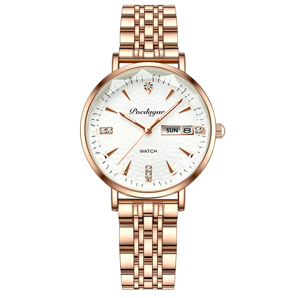 POEDAGAR Watch Women New Fashion Luxury Stainless Steel Wristwatch Bracelet Simple Rose Gold Waterproof Luminous Ladies Watches