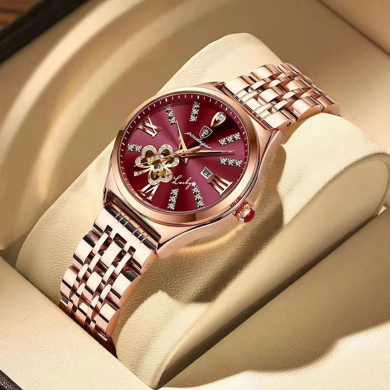 POEDAGAR Women Watch Fashion Luxury Wine Red Quartz Watches Waterproof Stainless Stain Ladies Wristwatch Romatic Girlfriend Gift