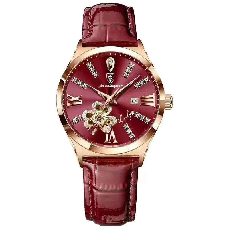 POEDAGAR Women Watch Fashion Luxury Wine Red Quartz Watches Waterproof Stainless Stain Ladies Wristwatch Romatic Girlfriend Gift