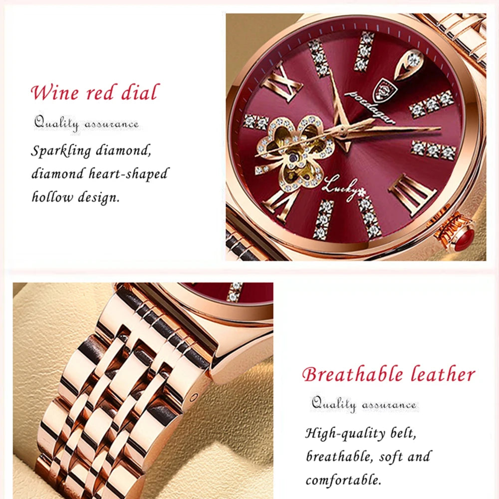 POEDAGAR Women Watch Fashion Luxury Wine Red Quartz Watches Waterproof Stainless Stain Ladies Wristwatch Romatic Girlfriend Gift