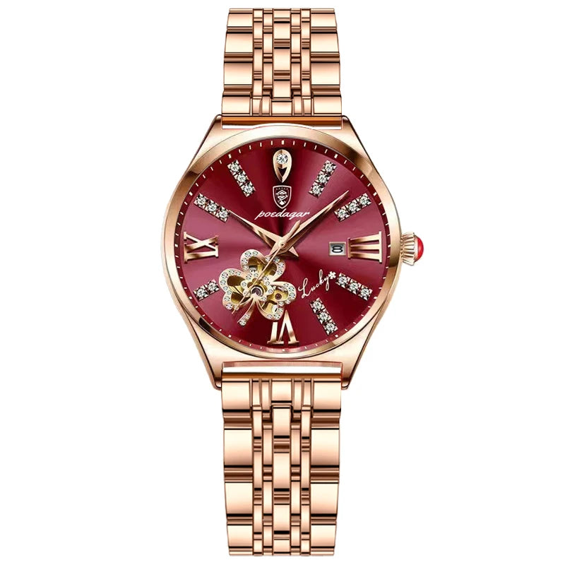 POEDAGAR Women Watch Fashion Luxury Wine Red Quartz Watches Waterproof Stainless Stain Ladies Wristwatch Romatic Girlfriend Gift