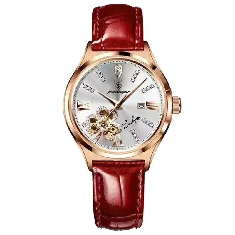 POEDAGAR Women Watch Fashion Luxury Wine Red Quartz Watches Waterproof Stainless Stain Ladies Wristwatch Romatic Girlfriend Gift