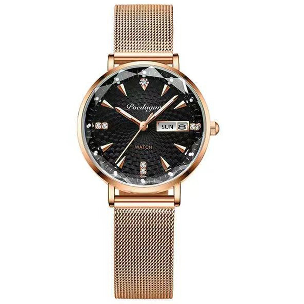 POEDAGAR Women Watch Rose Gold Stainless Steel Mesh Japan Quartz Movement Simple Waterproof Luminous Ladies watch relogio