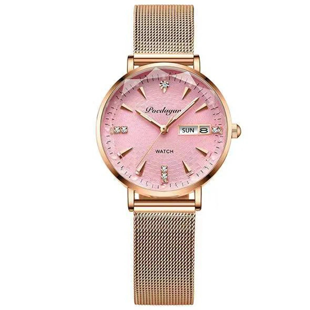 POEDAGAR Women Watch Rose Gold Stainless Steel Mesh Japan Quartz Movement Simple Waterproof Luminous Ladies watch relogio