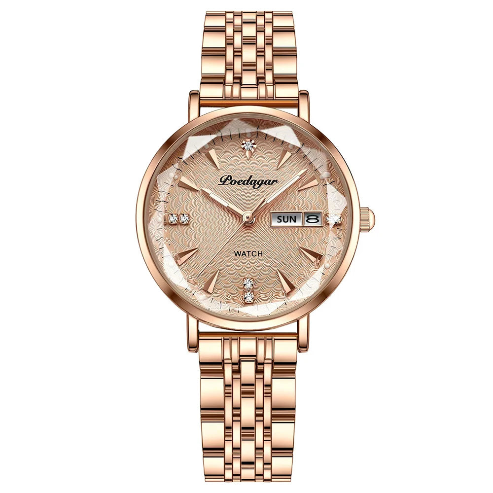 POEDAGAR Women Watch Rose Gold Stainless Steel Mesh Japan Quartz Movement Simple Waterproof Luminous Ladies watch relogio