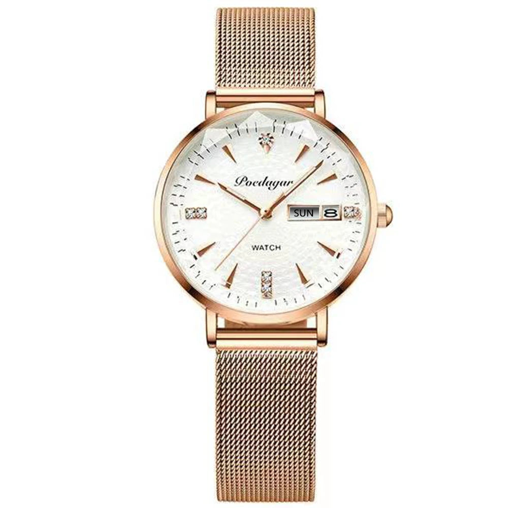 POEDAGAR Women Watch Rose Gold Stainless Steel Mesh Japan Quartz Movement Simple Waterproof Luminous Ladies watch relogio