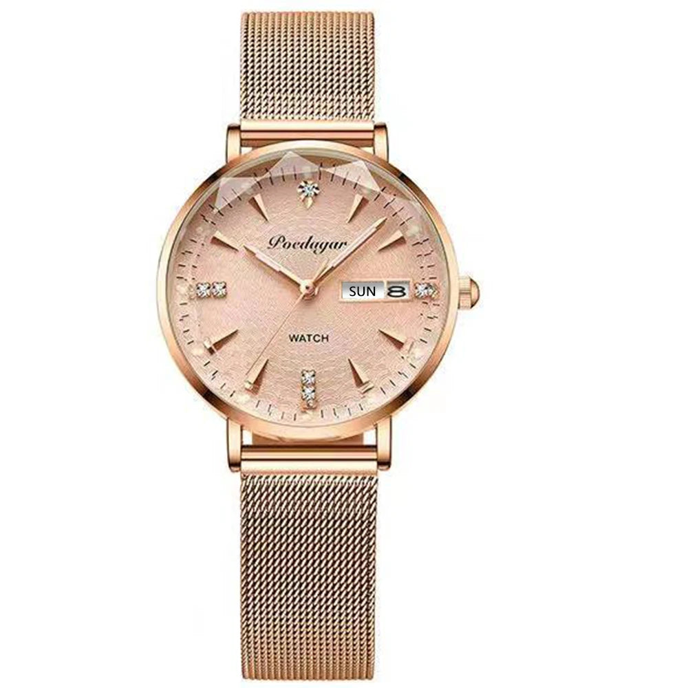 POEDAGAR Women Watch Rose Gold Stainless Steel Mesh Japan Quartz Movement Simple Waterproof Luminous Ladies watch relogio