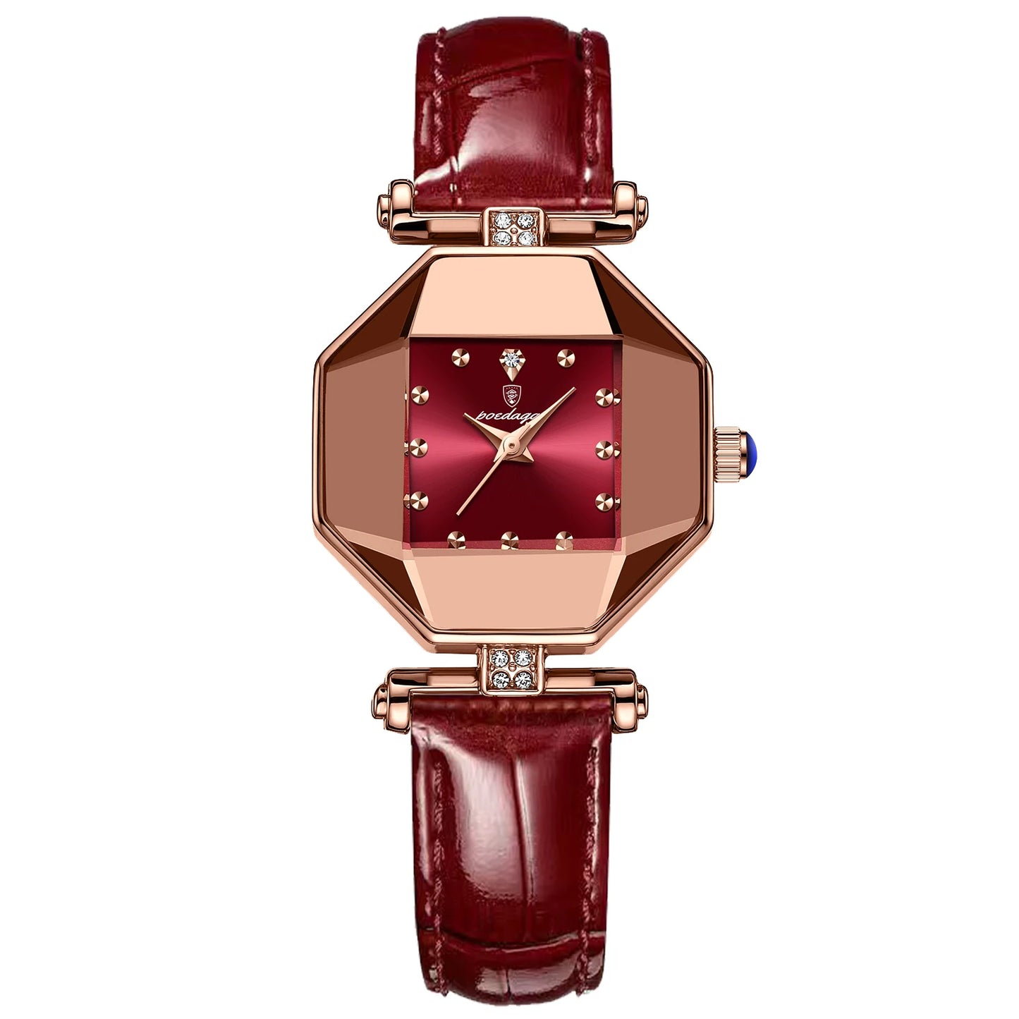 POEDAGAR Women Watches Fashion Square Diamond Wine Red Leather Quartz Watch Luxury Rose Gold Waterproof Ladies Wristwatch Gift