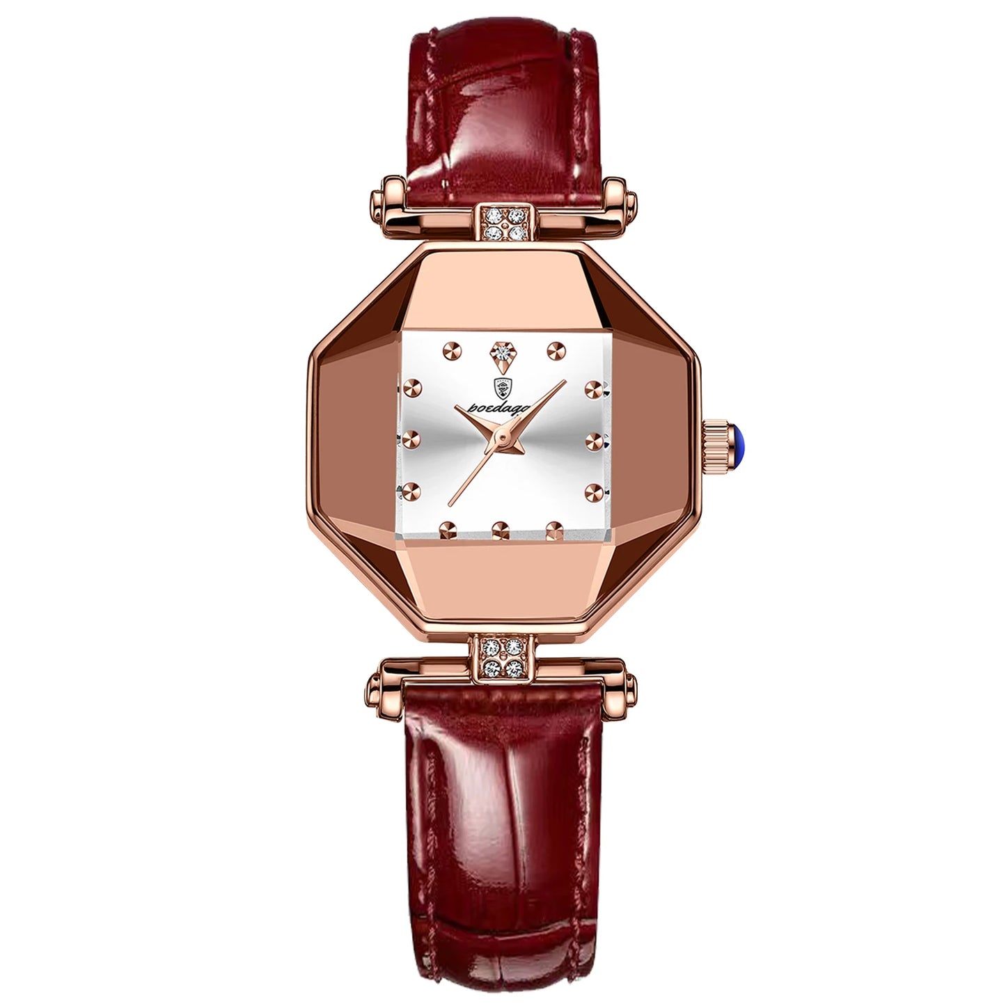 POEDAGAR Women Watches Fashion Square Diamond Wine Red Leather Quartz Watch Luxury Rose Gold Waterproof Ladies Wristwatch Gift