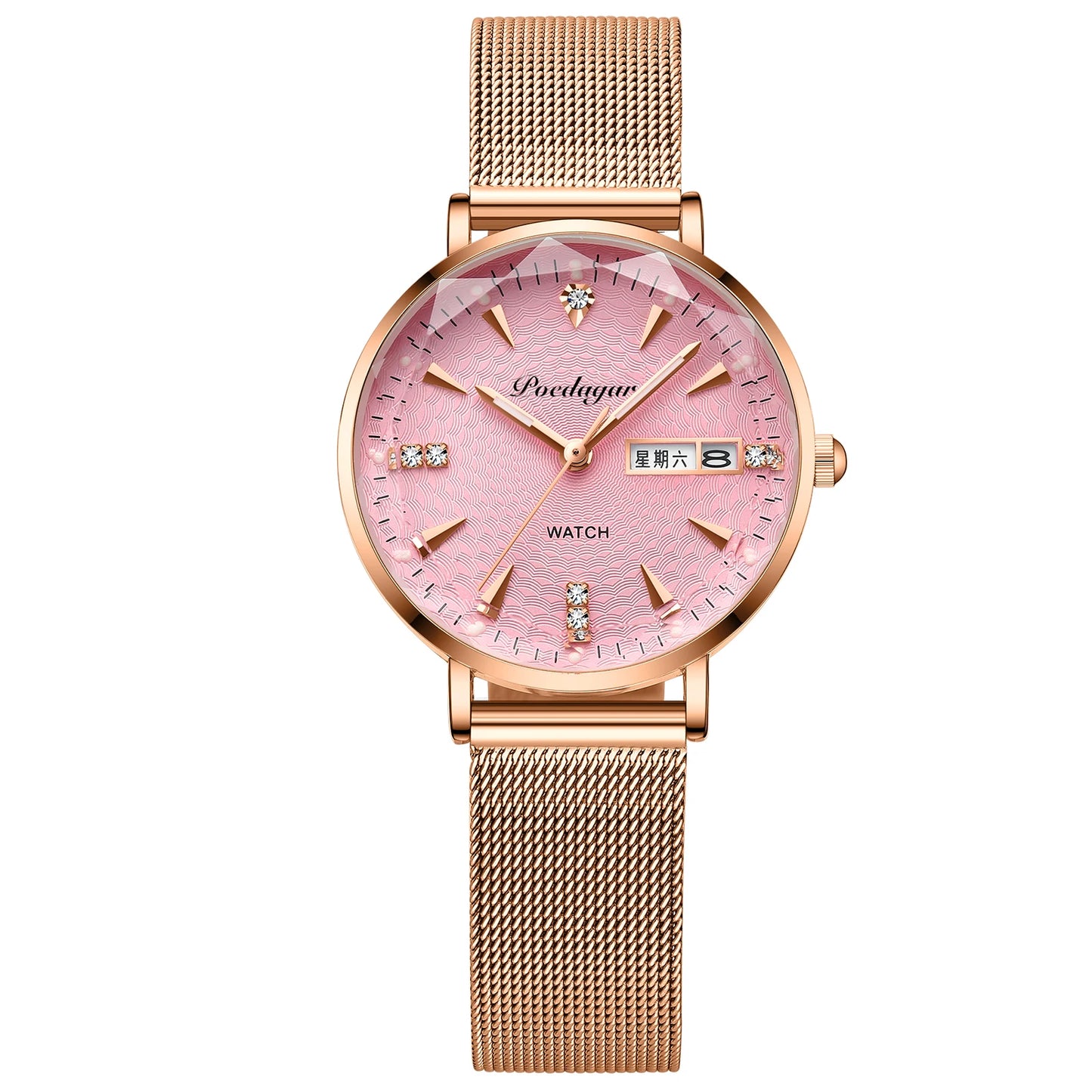 POEDAGAR Women Watches High Quality Japan Quartz Fashion Stainless Steel Mesh Simple Rhinestones Rose Gold Ladies Watch