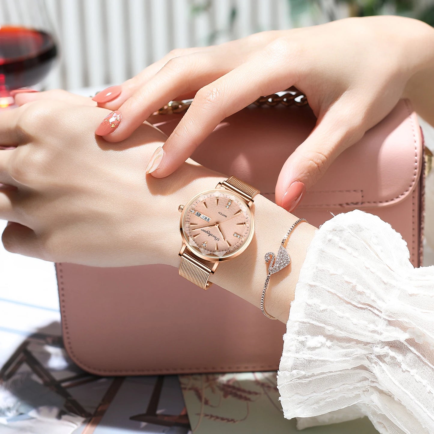 POEDAGAR Women Watches High Quality Japan Quartz Fashion Stainless Steel Mesh Simple Rhinestones Rose Gold Ladies Watch