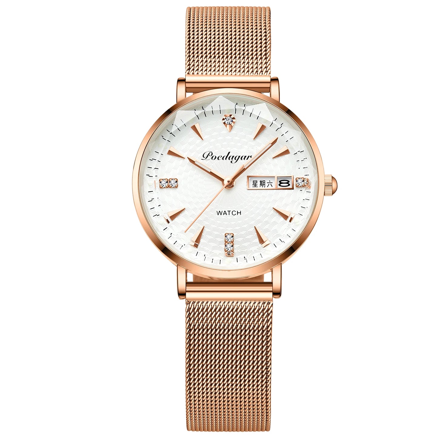 POEDAGAR Women Watches High Quality Japan Quartz Fashion Stainless Steel Mesh Simple Rhinestones Rose Gold Ladies Watch