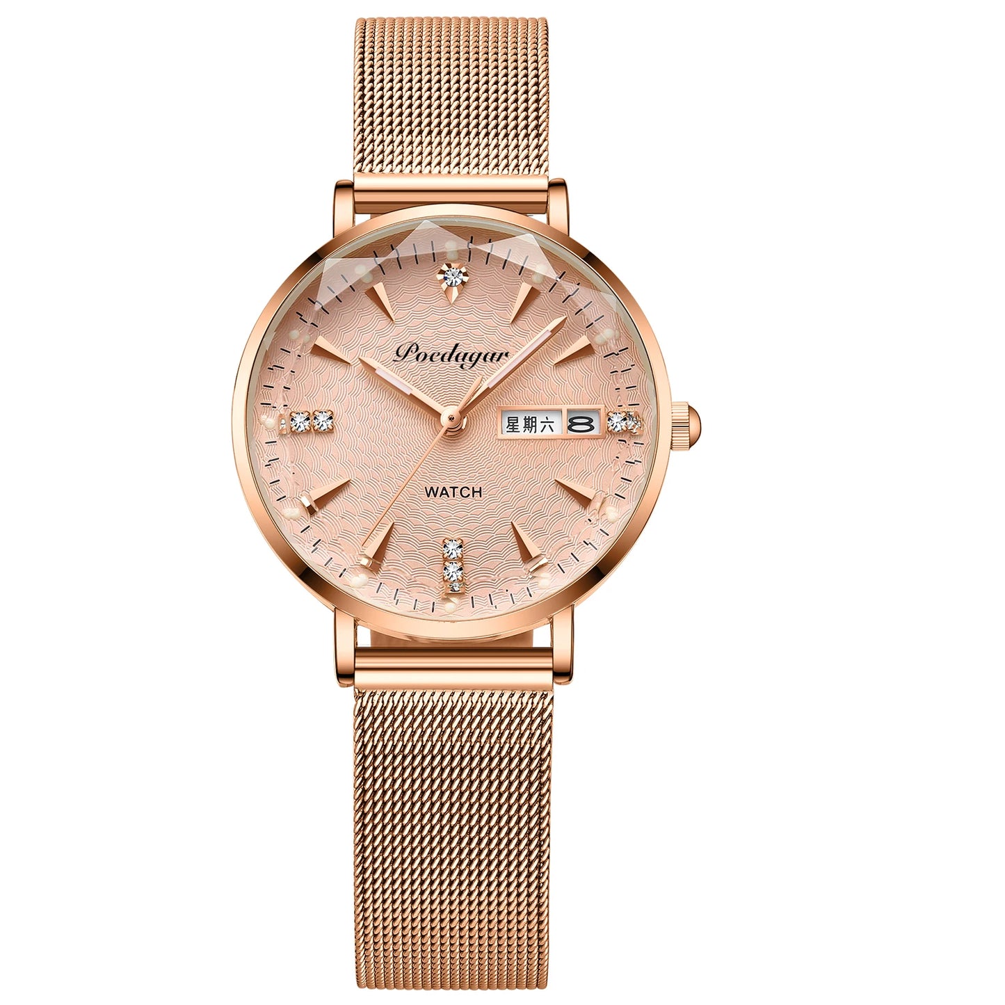 POEDAGAR Women Watches High Quality Japan Quartz Fashion Stainless Steel Mesh Simple Rhinestones Rose Gold Ladies Watch