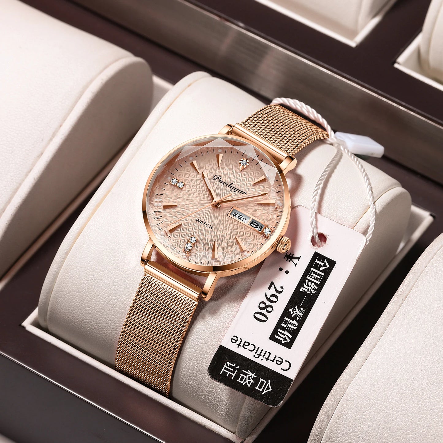 POEDAGAR Women Watches High Quality Japan Quartz Fashion Stainless Steel Mesh Simple Rhinestones Rose Gold Ladies Watch