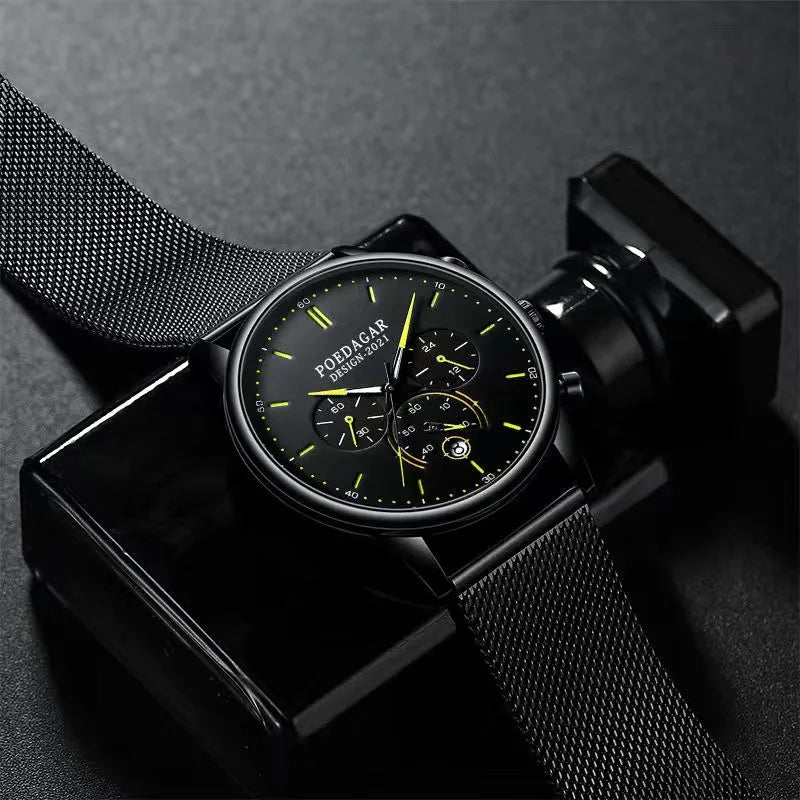 Poedagar Ultra Thin Mesh Belt Mens Watches Sports Chronograph Waterproof Luminous Watch for Men Top Luxury Quartz Wristwatch