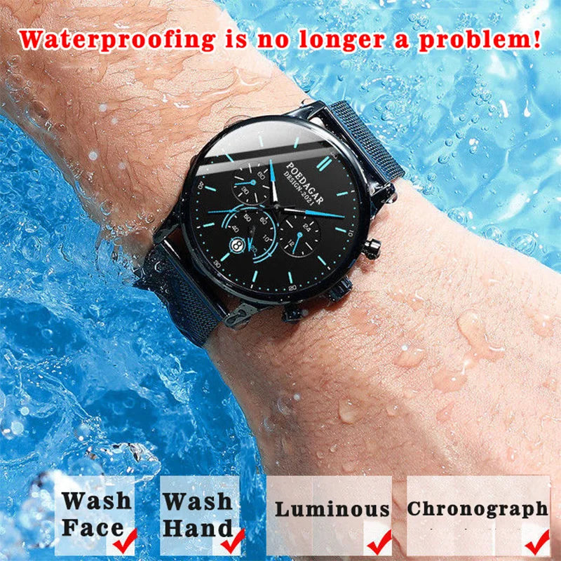 Poedagar Ultra Thin Mesh Belt Mens Watches Sports Chronograph Waterproof Luminous Watch for Men Top Luxury Quartz Wristwatch