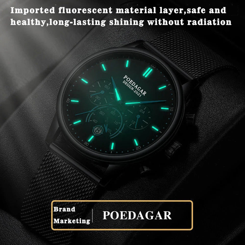 Poedagar Ultra Thin Mesh Belt Mens Watches Sports Chronograph Waterproof Luminous Watch for Men Top Luxury Quartz Wristwatch