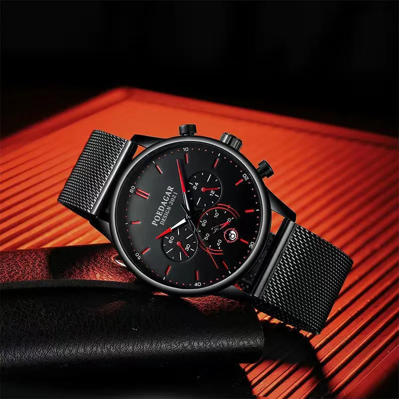 Poedagar Ultra Thin Mesh Belt Mens Watches Sports Chronograph Waterproof Luminous Watch for Men Top Luxury Quartz Wristwatch