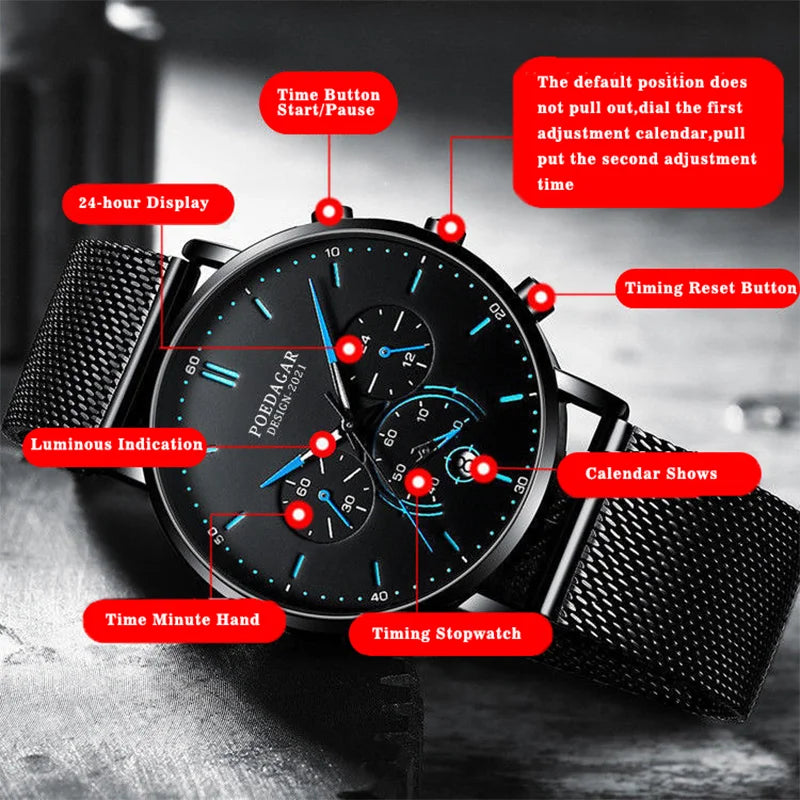 Poedagar Ultra Thin Mesh Belt Mens Watches Sports Chronograph Waterproof Luminous Watch for Men Top Luxury Quartz Wristwatch