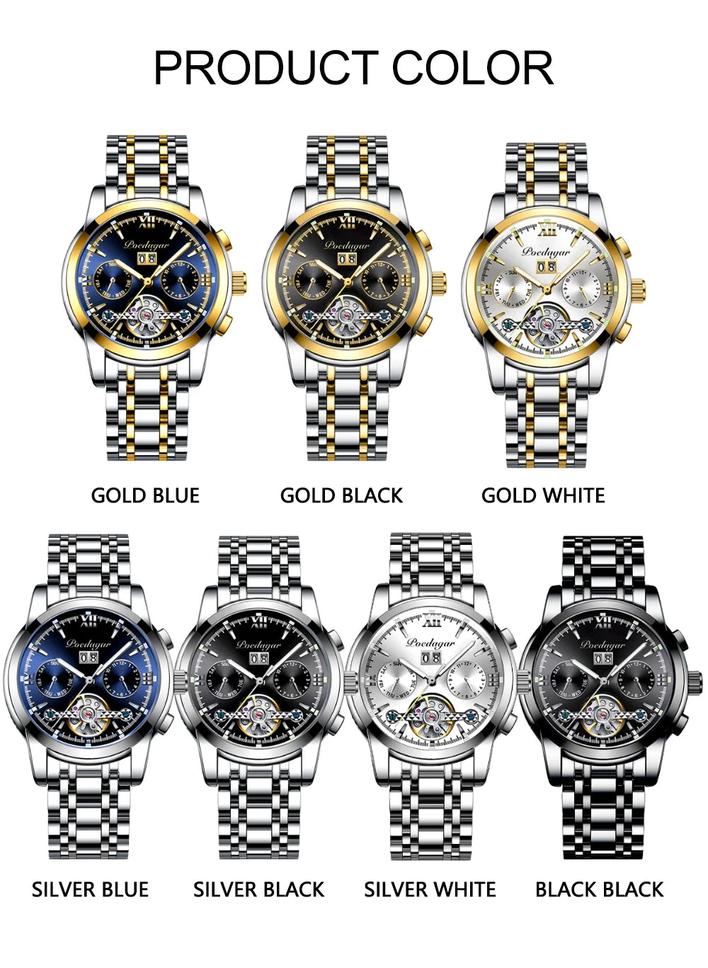 POEDAGAR Automatic Mechanical Man Wristwatch Hollow Tourbillon Stainless Steel Men Watch Waterproof Luminous Date Men's Watches