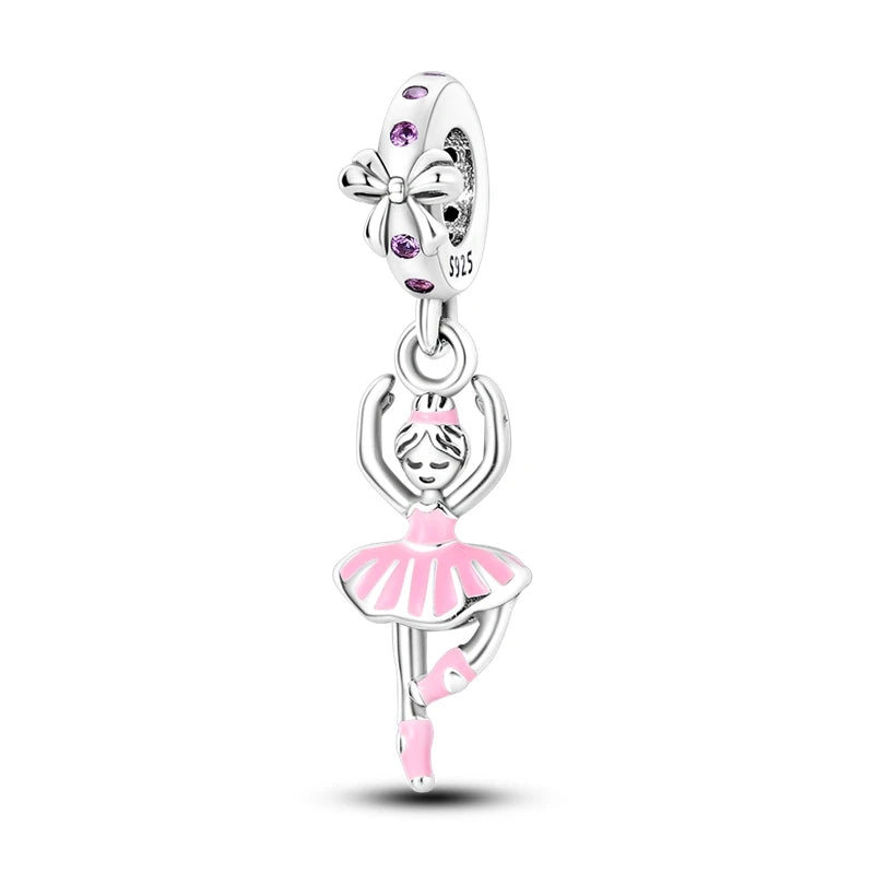 925 Sterling Silver Dance Shoes Butterfly Pink Charms Beads Fit DIY Bracelets