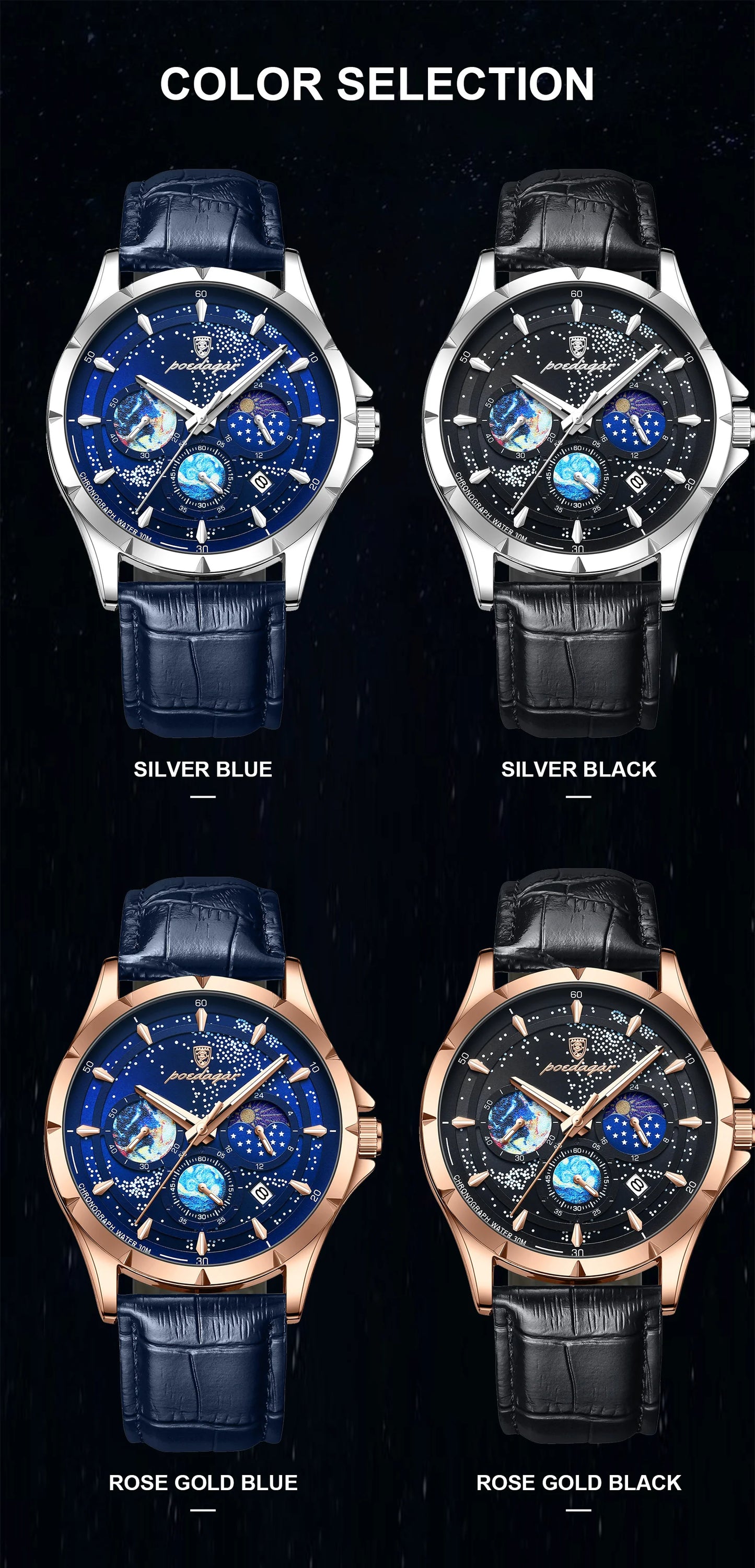 POEDAGAR Luxury Man Wristwatch Business Starry Sky Quartz Men Watch Waterproof Luminous Chronograph Date Men's Watches Leather