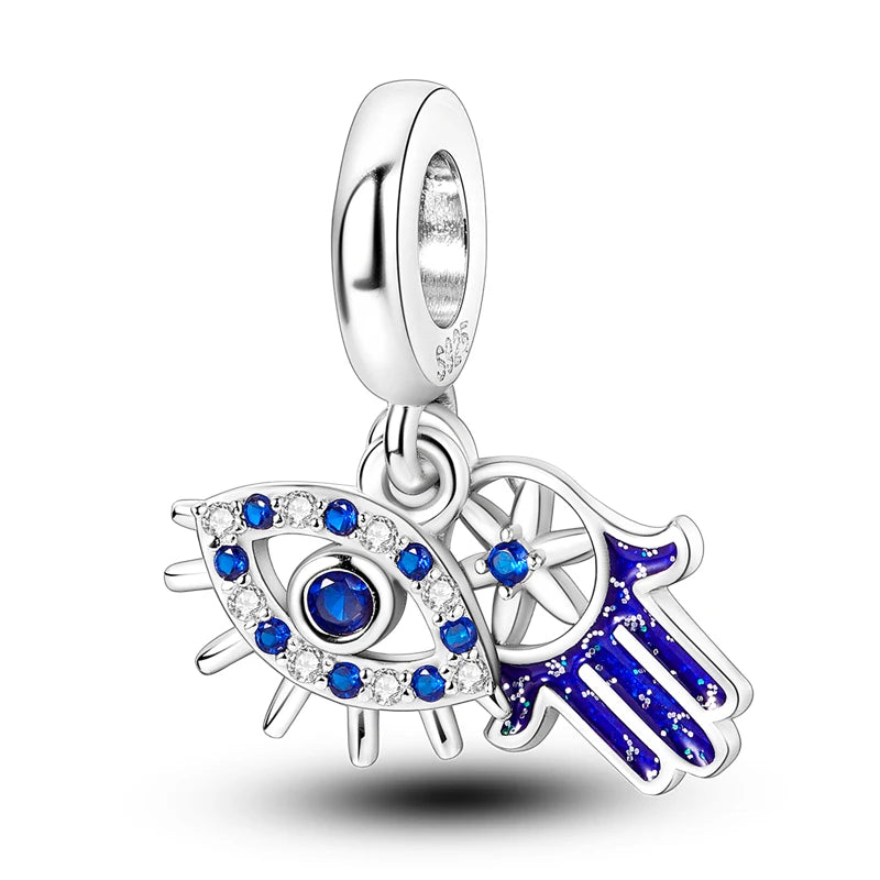 Silver Plated Blue Eyes and Flower Palm Pendant Fit Charm Bracelet