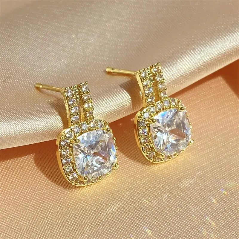 Luxury White Cubic Zirconia Square Silver Color Stud Earrings for Women Shinny Statement Party Jewelry