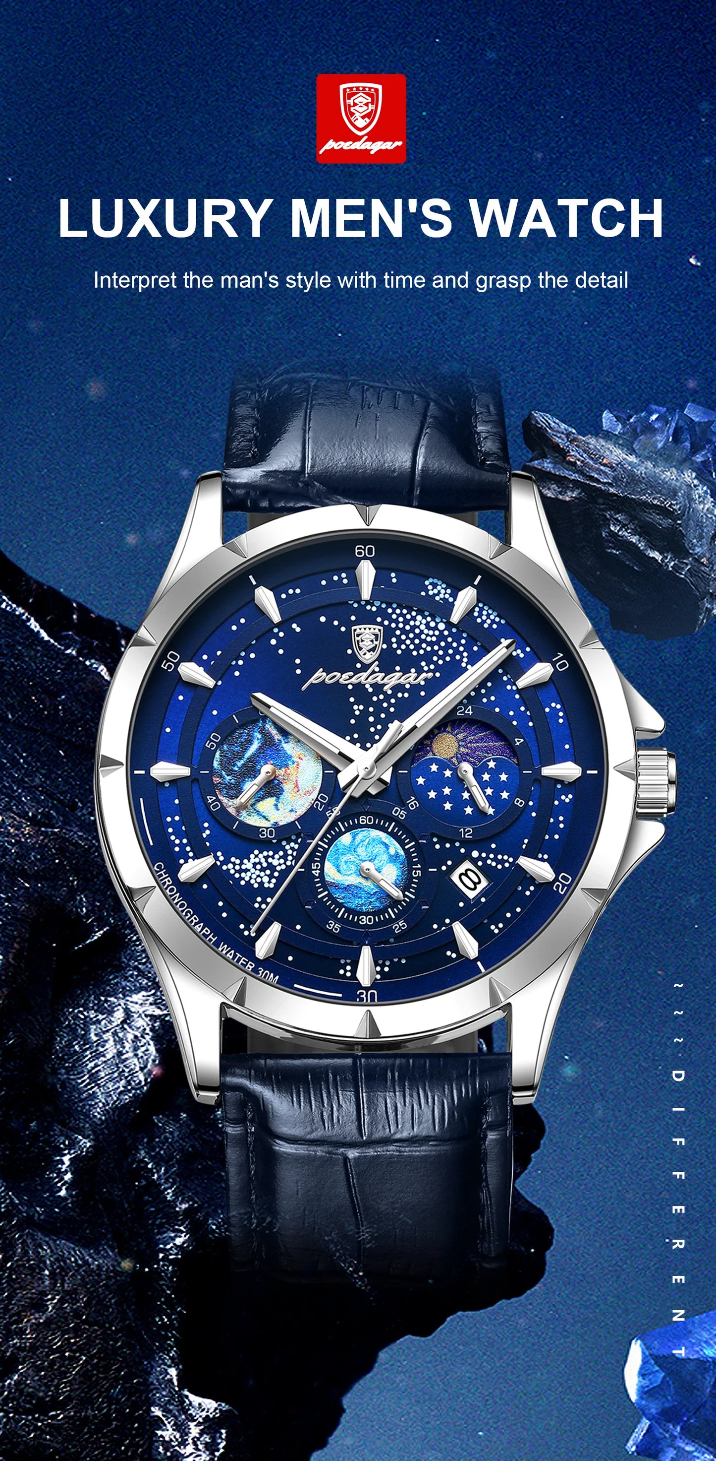 POEDAGAR Luxury Man Wristwatch Business Starry Sky Quartz Men Watch Waterproof Luminous Chronograph Date Men's Watches Leather