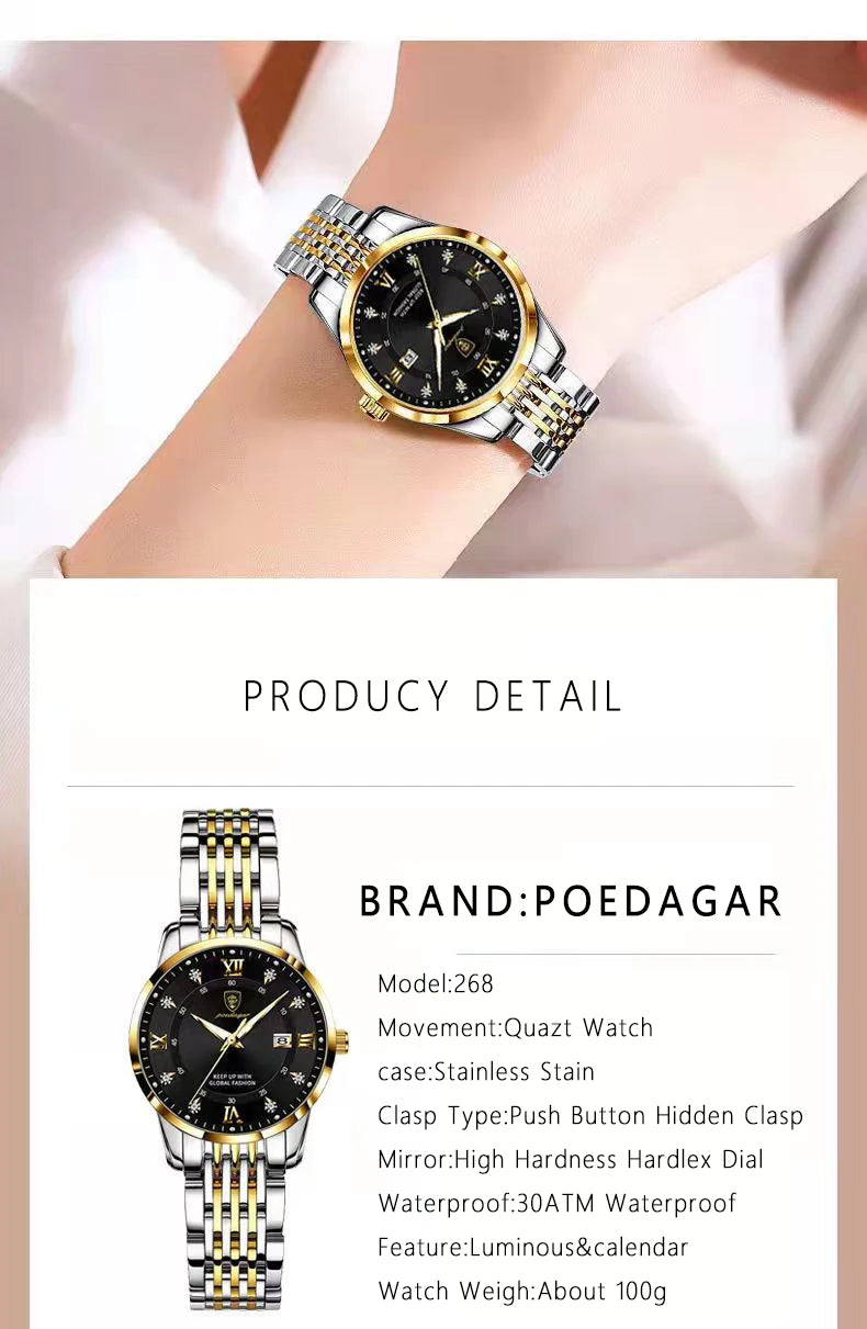 POEDAGAR Fashion Women Watch Top Brand Rose Gold Stain Steel Waterproof Date Quartz Ladies Watch Luxury High Quality Clock Gifts