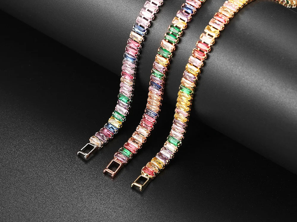 Rainbow Crystal Tennis Bracelets for Women Kpop Silver Color Friend Gifts Colorful Zirconia Bangle Chain on Hand Jewelry H167-M