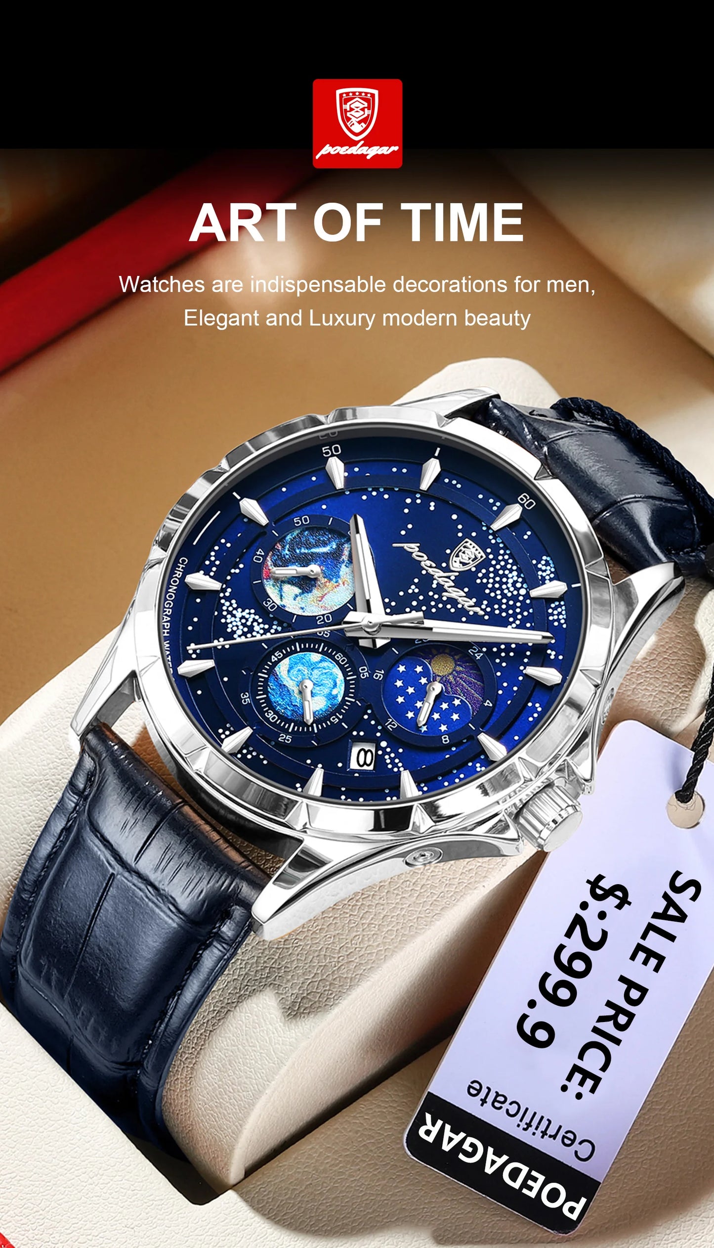 POEDAGAR Luxury Man Wristwatch Business Starry Sky Quartz Men Watch Waterproof Luminous Chronograph Date Men's Watches Leather