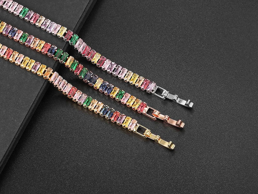 Rainbow Crystal Tennis Bracelets for Women Kpop Silver Color Friend Gifts Colorful Zirconia Bangle Chain on Hand Jewelry H167-M