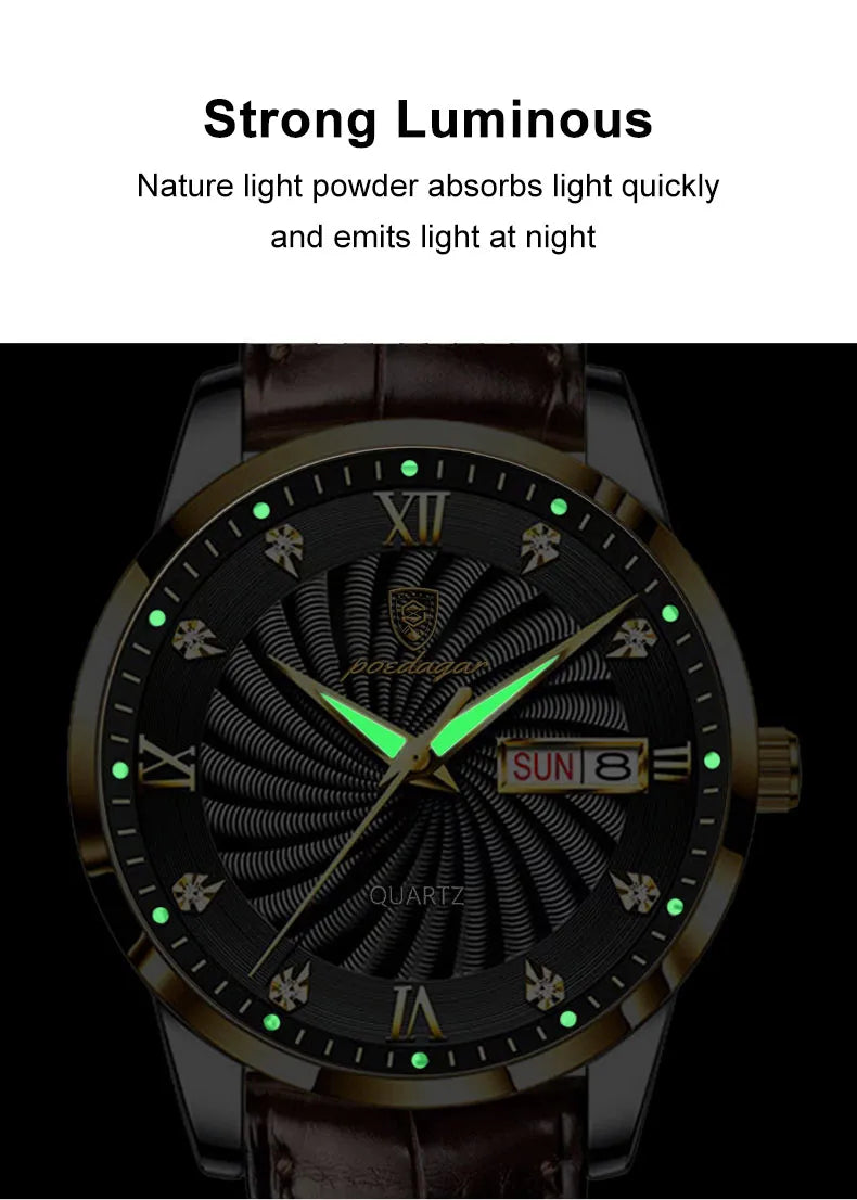 POEDAGAR High Quality Men's Watch Fashion Luxury Casual Belt Leather Strap Date Week Luminous Waterproof Quartz Men Watches+Box