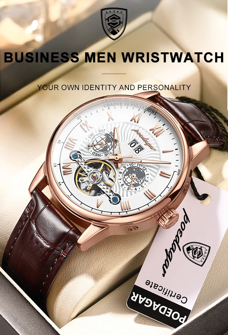 POEDAGAR Automatic Mechanical Tourbillon Business Watch Casual Date&Week&Month Luminous Waterproof Leather Men Watch Hot Relojes