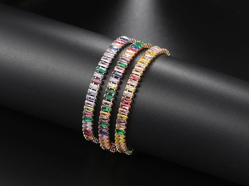 Rainbow Crystal Tennis Bracelets for Women Kpop Silver Color Friend Gifts Colorful Zirconia Bangle Chain on Hand Jewelry H167-M