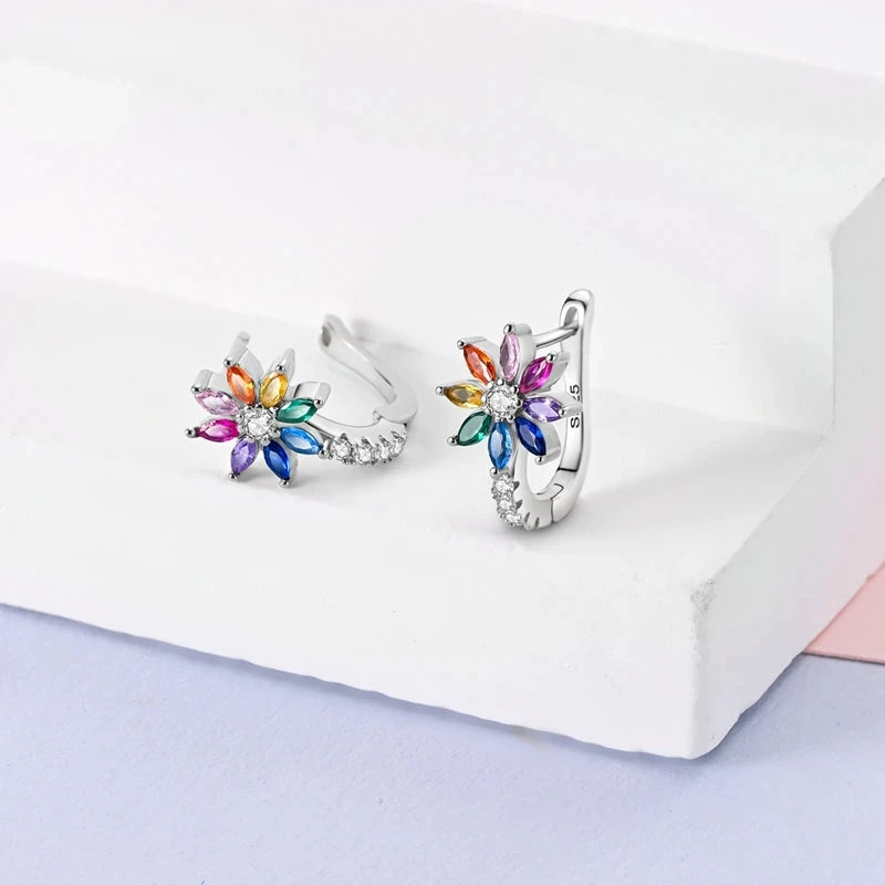 Silver Hope Rainbow Flower Earrings For Women Sparkling Colored Zircon Star Koi Earrings Fashion Party Jewelry