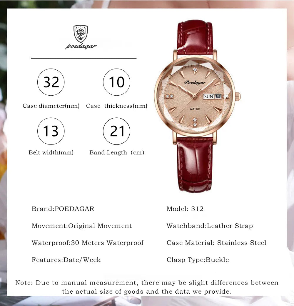 POEDAGAR Exquisite Ladies Watch Luxury Fashion Ultra-thin Leather Belt Waterproof Luminous Quartz Women Wristwatch Female Clocks