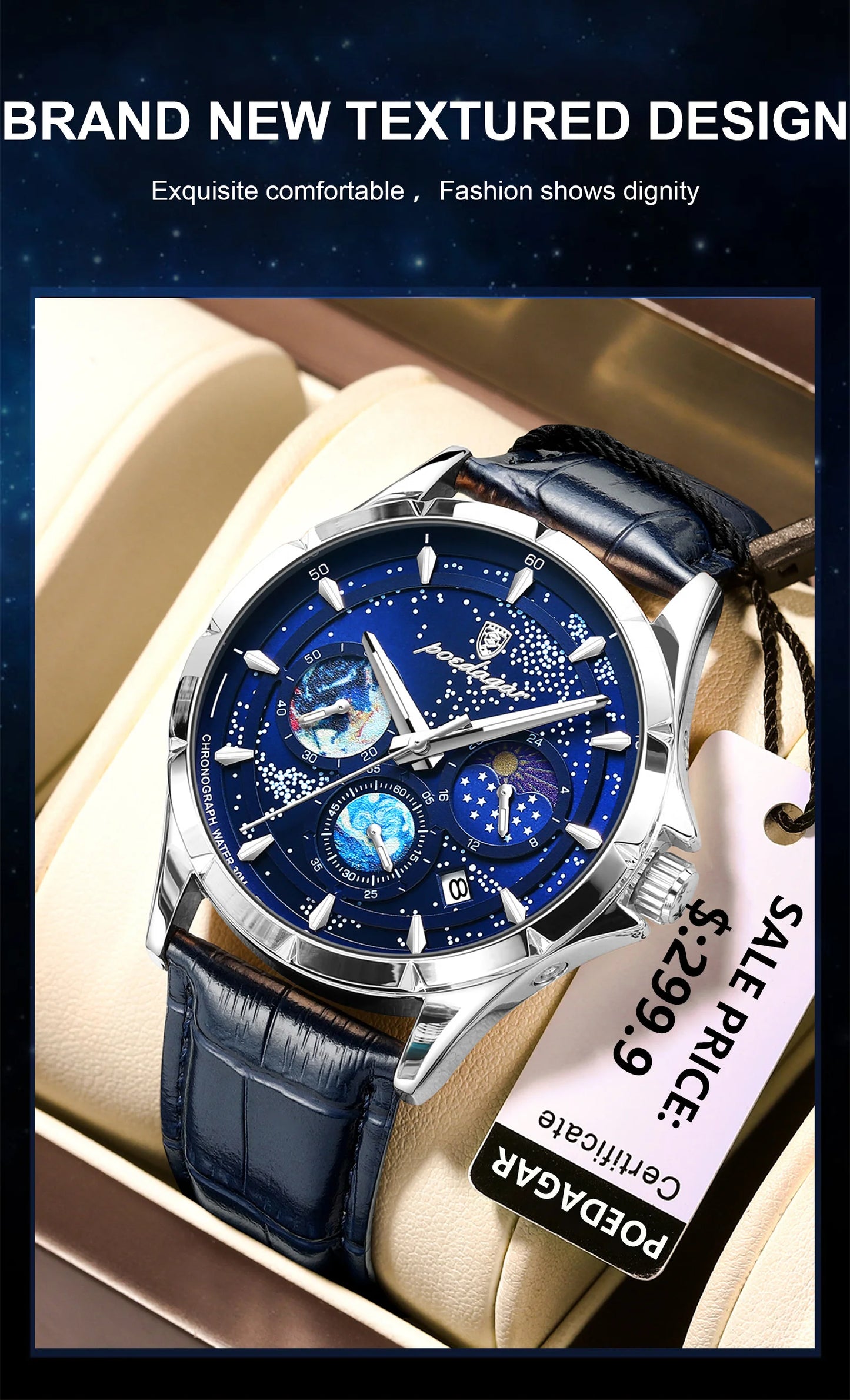 POEDAGAR Luxury Man Wristwatch Business Starry Sky Quartz Men Watch Waterproof Luminous Chronograph Date Men's Watches Leather