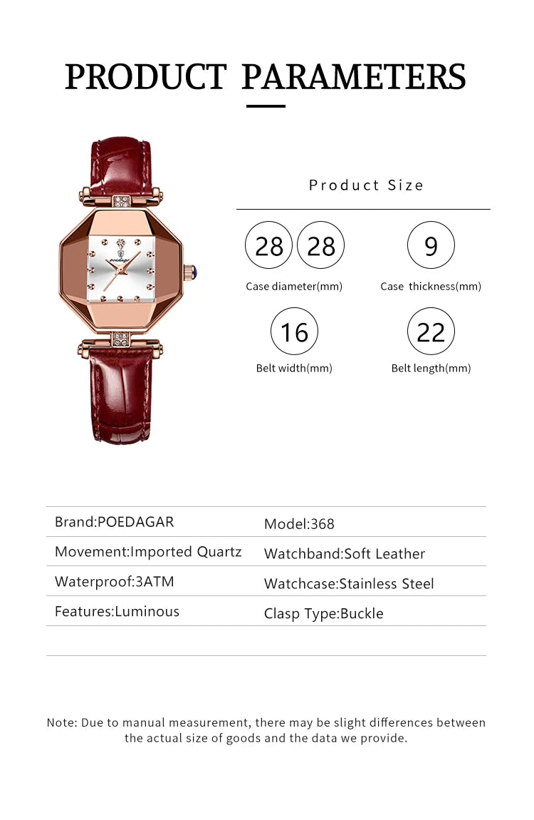 POEDAGAR Women Watches Fashion Square Diamond Wine Red Leather Quartz Watch Luxury Rose Gold Waterproof Ladies Wristwatch Gift