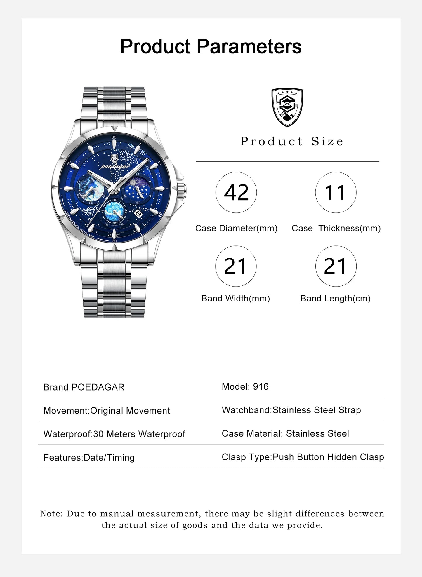 POEDAGAR Casual Man Wristwatch Luxury Waterproof Luminous Date Men Watch Chronograph Stainless Steel Men's Quartz Watches Clock