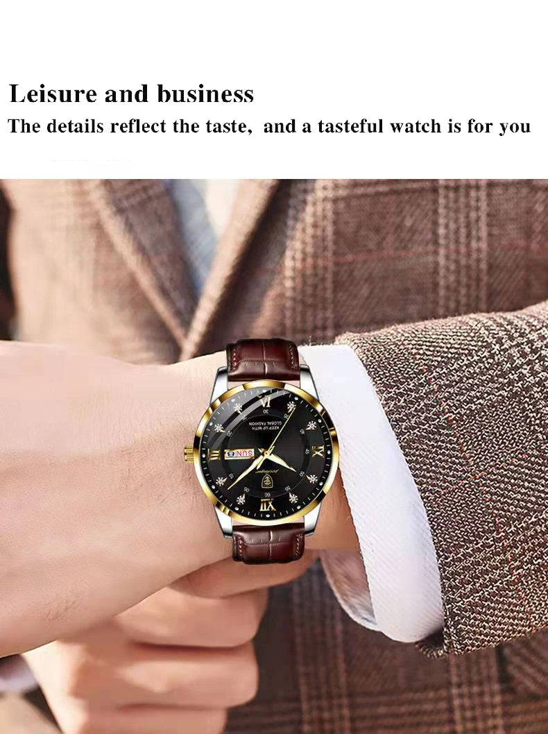 POEDAGAR Men Watch Fashion High Quality Leather Watches Waterproof Luminous Week Date Top Brand Luxury Quartz Man Wristwatch