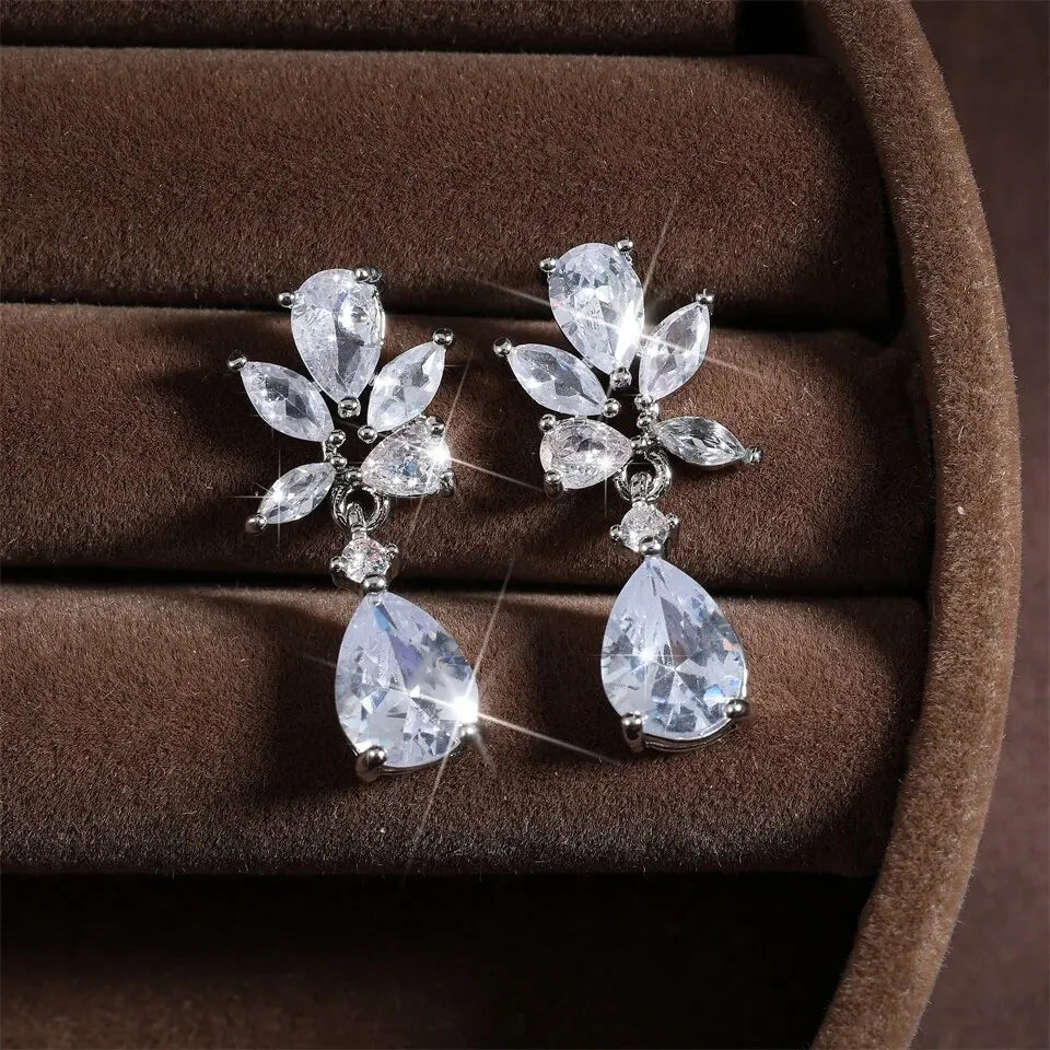 New Luxury Water Drop Silver Color Cubic Zirconia Earrings for Women Fashion Bridal Dangle Marriage Wedding Jewelry