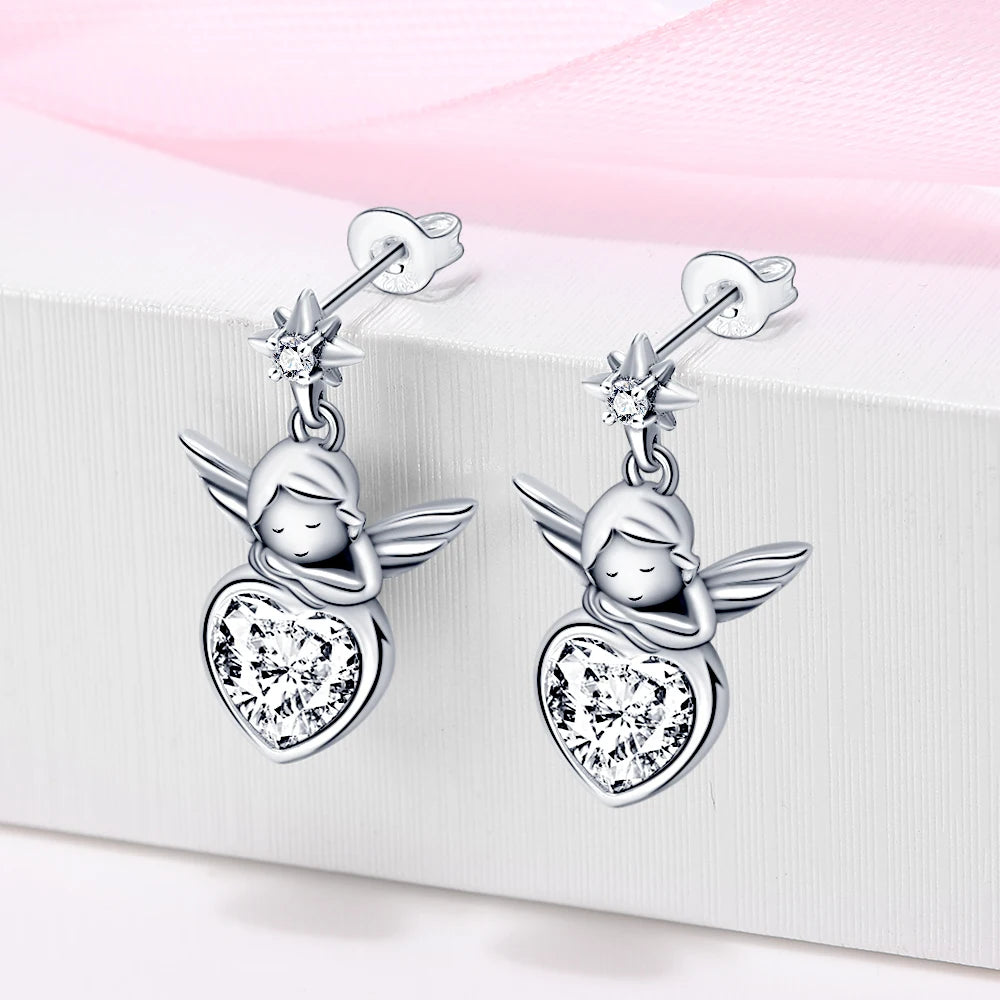 Silver Inlaid With Zircon Earrings Angels Heart-shaped Ear Loops Fine Jewelry Women Fashion Party Gift