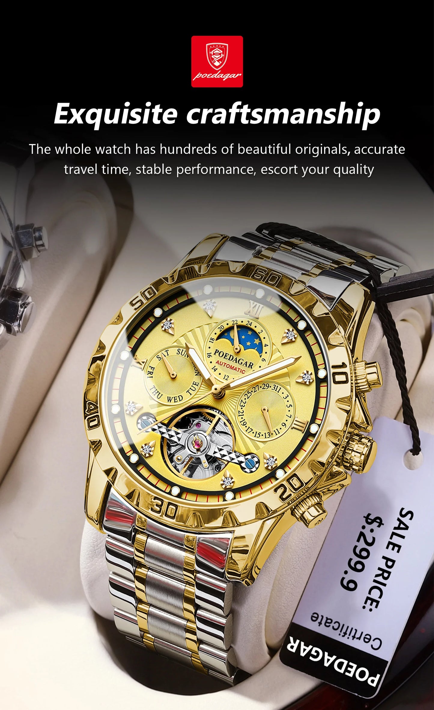 POEDAGAR Luxury Automatic Mechanical Watch Tourbillon Waterproof Luminous Date Week Men Wristwatch Stainless Steel Men's Watches